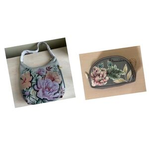 New Anuschka Light Blue Floral Genuine Leather Bag & Zippered Pouch 2 Piece Set